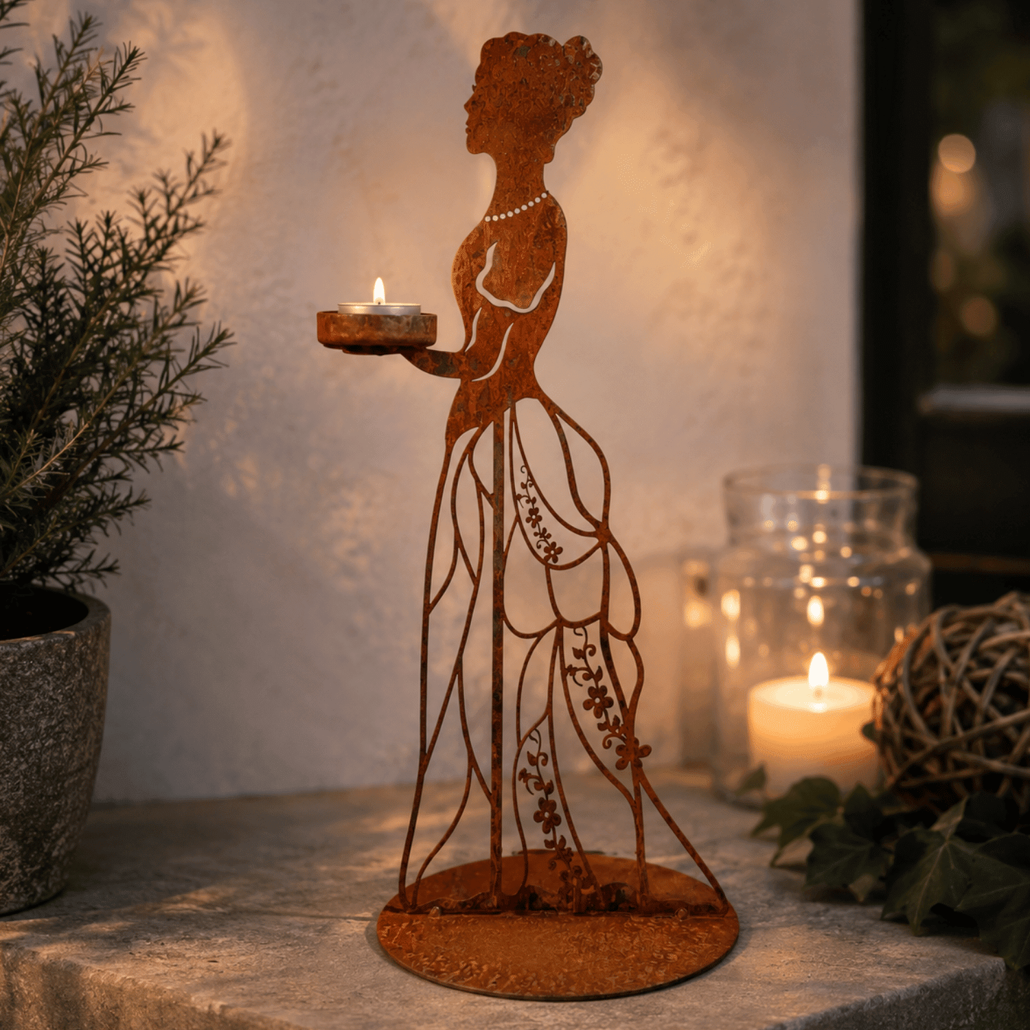 Blumenmädchen Rostfigur Höhe 50cm mit Kerzenhalter