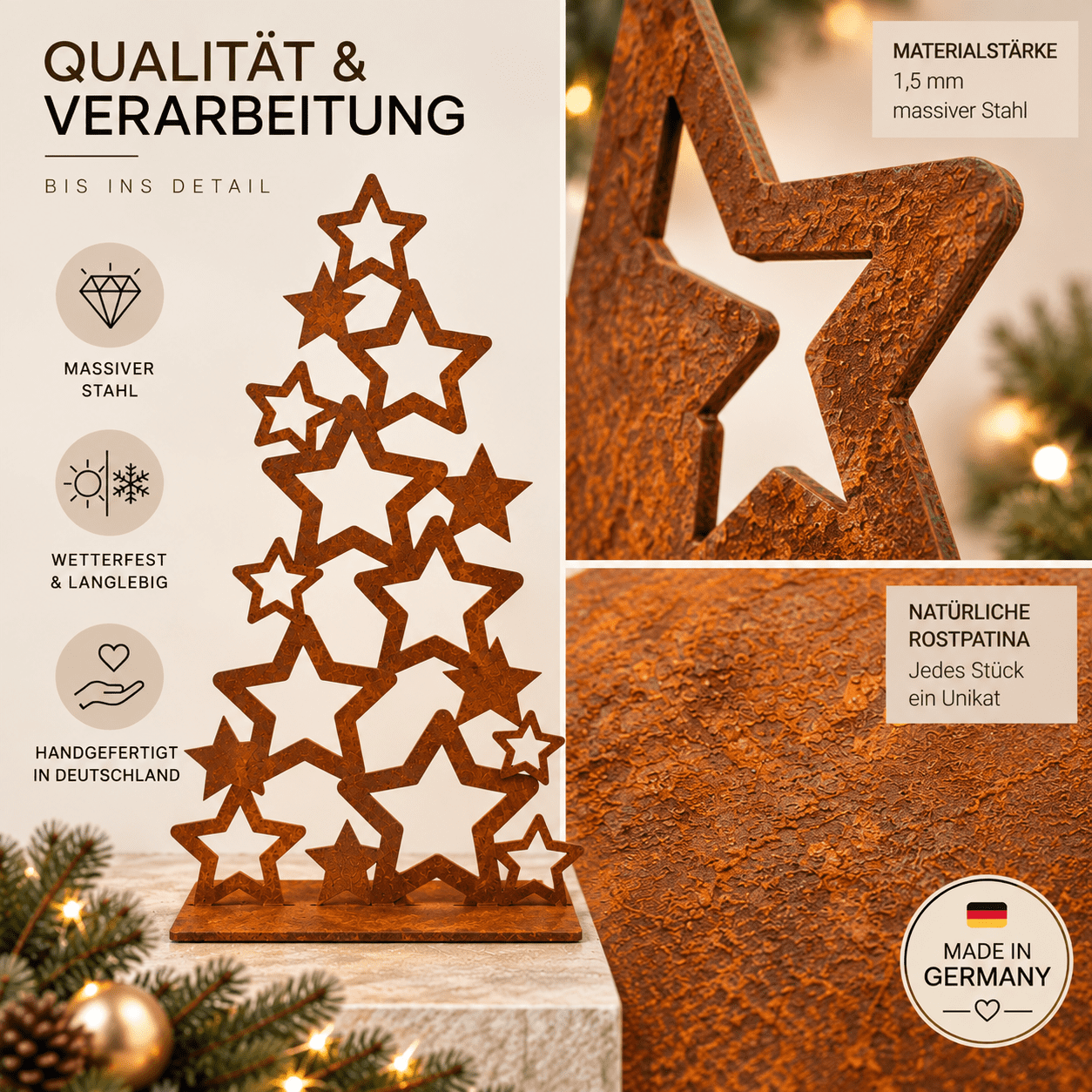 Weihnachtsbaum Metall Rost mit Sternen – 100 cm mit Bodenplatte